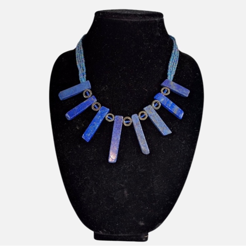 Elegant LAPIS LAZULI Blue Beaded Fanned Sun Column Statement Necklace $498 MSRP